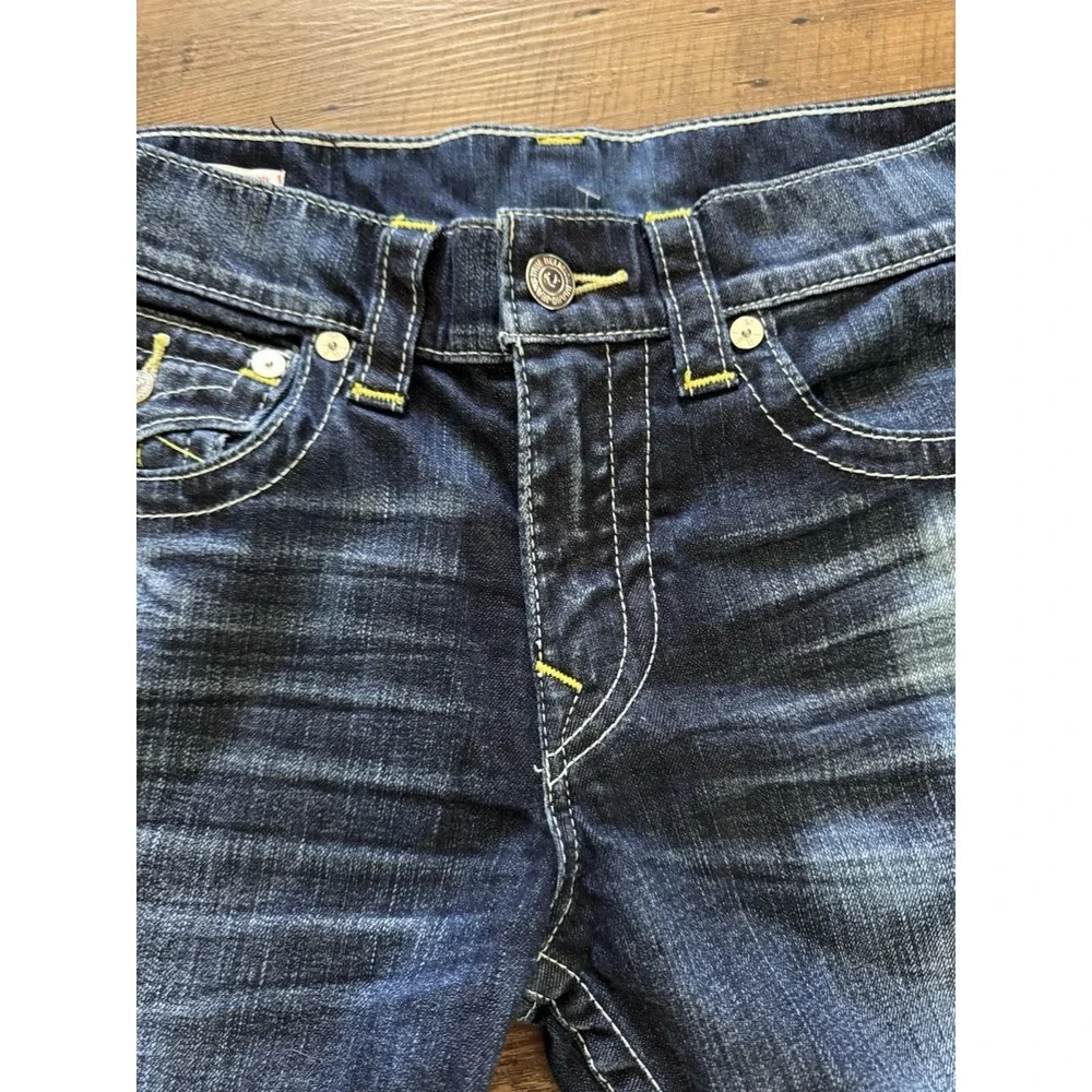 True Religion Rocco Relaxed Skinny Dark Wash Jeans Mens 31x33 Yellow Stitch